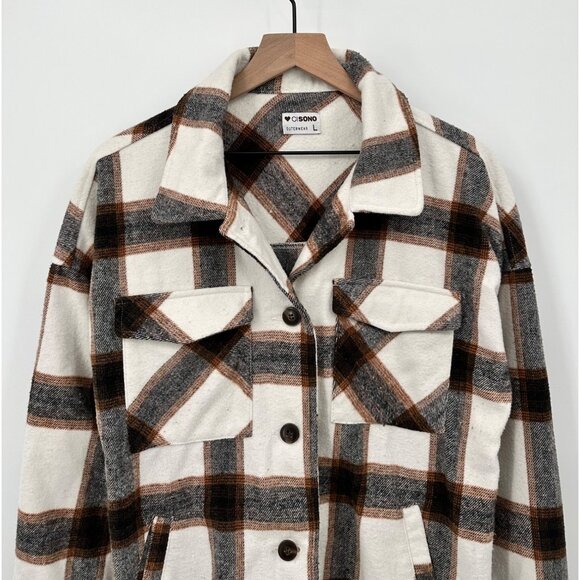 Cisono Eliana Flannel Shacket Women Large White Brown Plaid Button Up Pockets - Picture 2 of 8